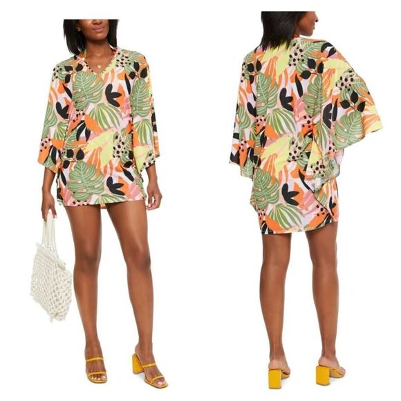 BAR III Women's Green Printed Caftan Deep V Neck Swimsuit Cover Up Sz XL - Picture 1 of 6